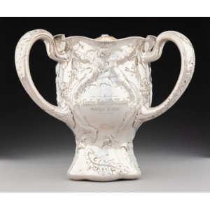 A Gorham Mfg. Co. Martelé Partial Gilt Silver Three-Handle Trophy Cup, Providence, Rhode Island, 1905 Marks: 