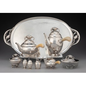 A Nine-Piece Georg Jensen Blossom Pattern Silver Tea and Coffee Service Including Tray, Copenhagen, Denmark, 192... (Total: 9 )
