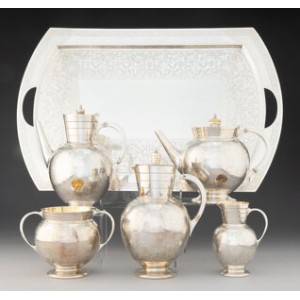A Six-Piece Martin, Hall & Co. Aesthetic Movement Partial Gilt Silver Tea & Coffee Set Including Tray in Original Fitted Chest... (Total: 6 )