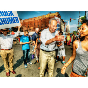 Les Krims (American, b. 1943) New York Senator Chuck Schumer, Beer in Hand, Lustfully Lurches Toward a Startled Young Wom