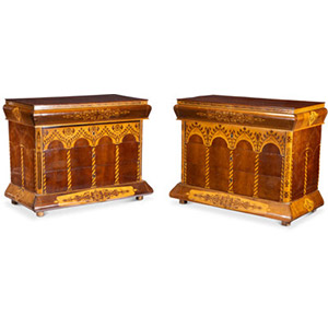 A Pair of French Marquetry Inlaid Commodes, 1820-1830 38-1/2 x 47-1/2 x 24-1/2 inches (97.8 x 120.7 x 62.2 cm) (each)
