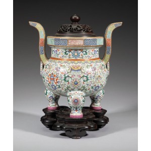 A Chinese Famille Rose Tripod Censer with Carved Wood Cover and Stand