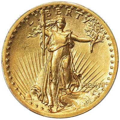 1907 $20 High Relief, Wire Rim, AU50 PCGS. CAC.
