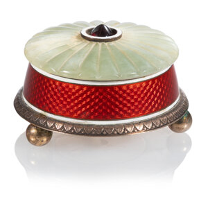 A Russian Gem-Set Bowenite and Guilloché Enameled Gilt Silver Bell Push Ivan Britzin, St. Petersburg, 1908-1917