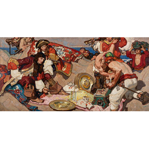 Dean Cornwell (American, 1892-1960) Captain Blood Inspecting the Treasure Chest Jewels, Cosmopolitan interior, July 1930