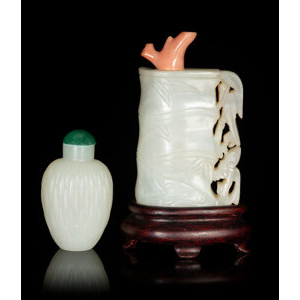 Two Chinese Carved White Jade Snuff Bottles, Qing dynasty or later 3-1/8 x 1-3/4 x 0-3/8 inches (7.9 x 4.4 x 1.0 cm) (talle... (Total: 2 Items)