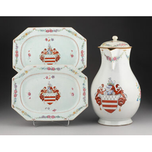 A Chinese Export Armorial Covered Ewer and Two Serving Platters, late 18th century 15-1/2 x 11 x 8 inches (39.4 x 27.9 x 20... (Total: 3 Items)