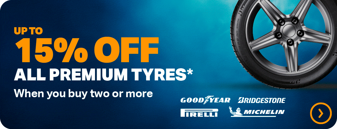 UP TO 15% OFF ALL PREMIUM TYRES WHEN YOU BUY TWO OR MORE* AND UP TO 20% OFF TWO OR MORE GOODYEAR ALL-SEASON TYRES**