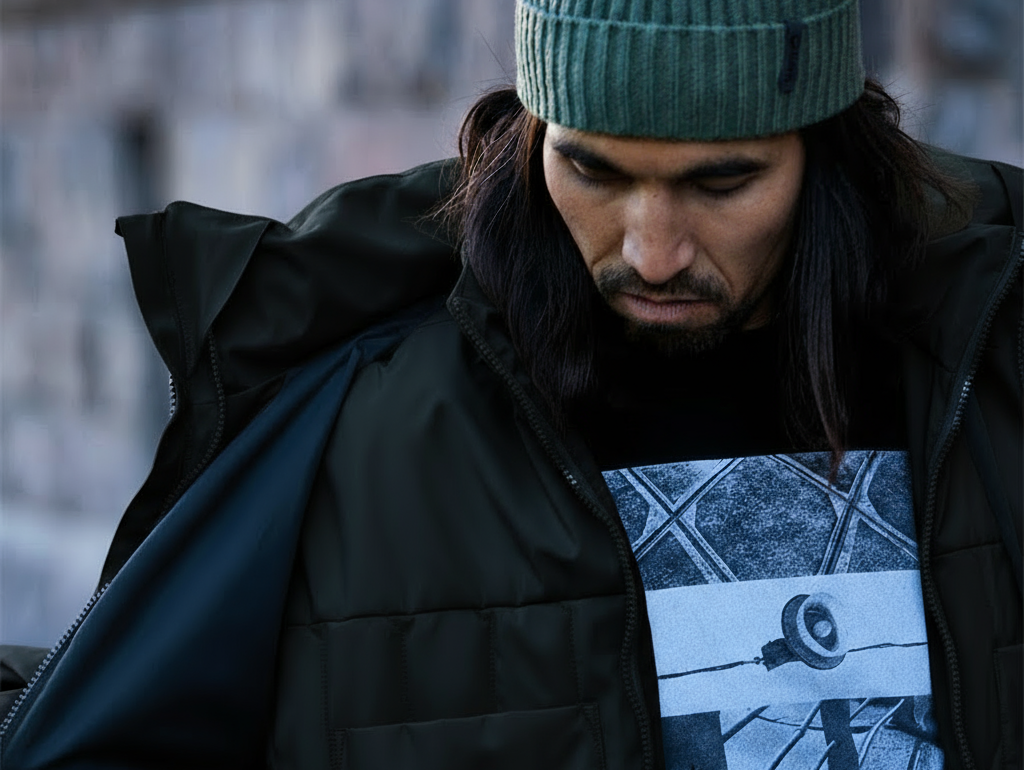 an image of a man with long hair wearing a jacket and a hat