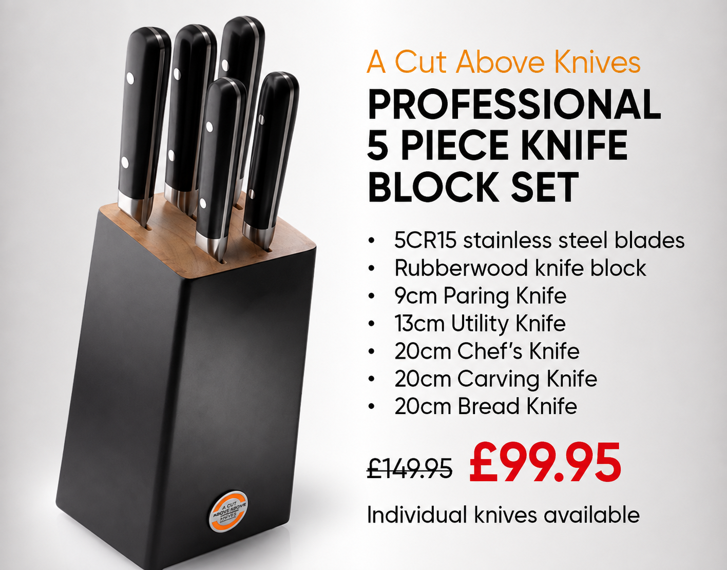 A Cut Above Knives Professional 5 Piece Knife Block Set