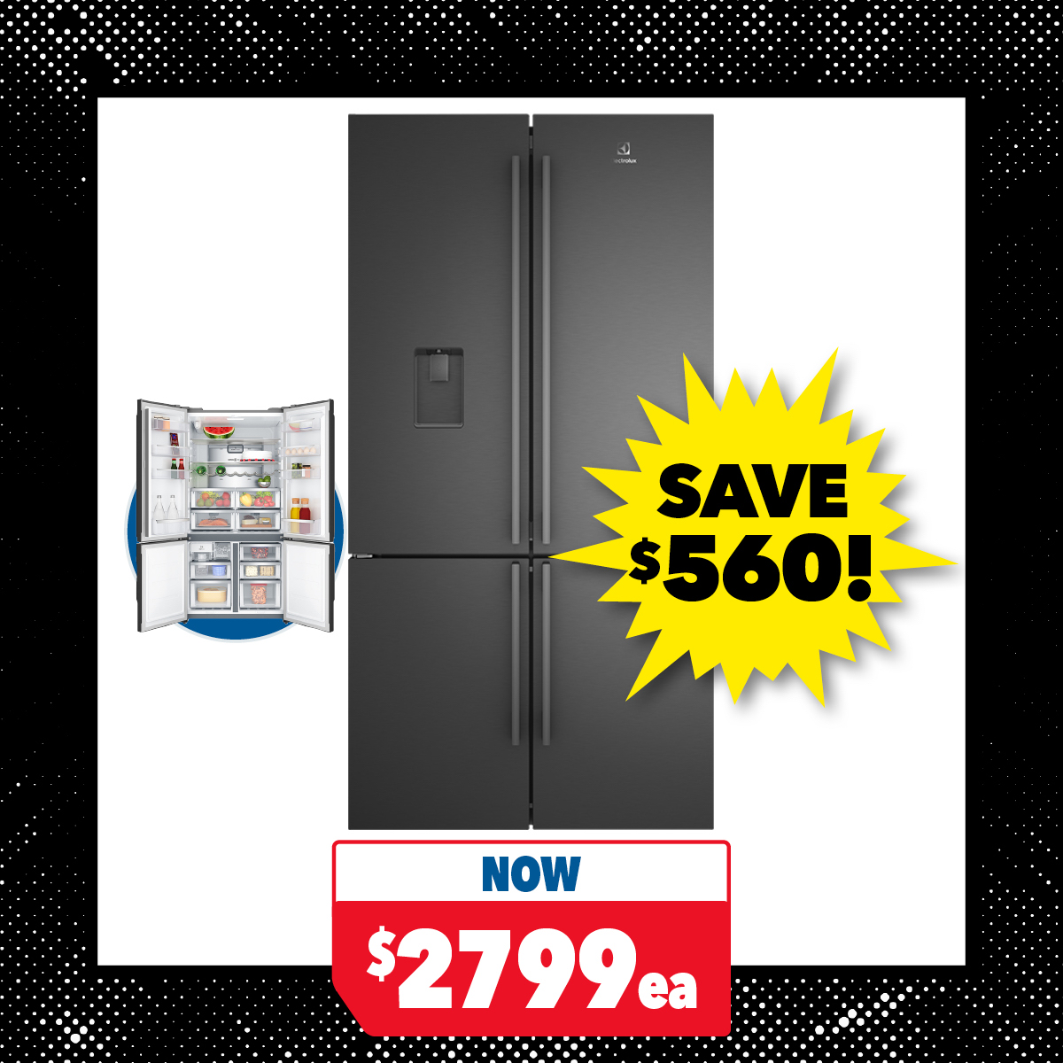 Electrolux 562L Quad Door Fridge Freezer with Ice & Water Dispenser