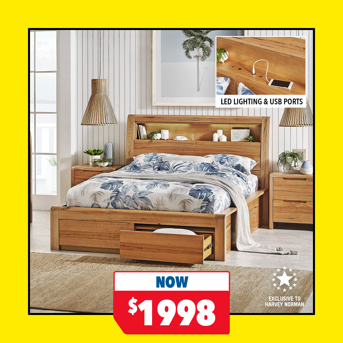 Edison Queen Bed Frame with 2-Drawer Base