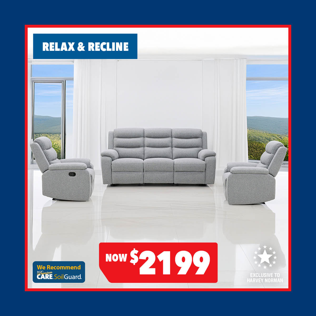 Carlow 3-Piece Fabric Recliner Lounge Suite 