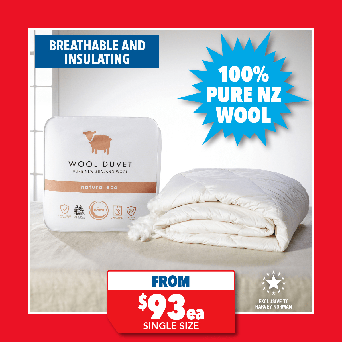 Natura Eco NZ Wool 350gsm Duvet Inner by Bambi
