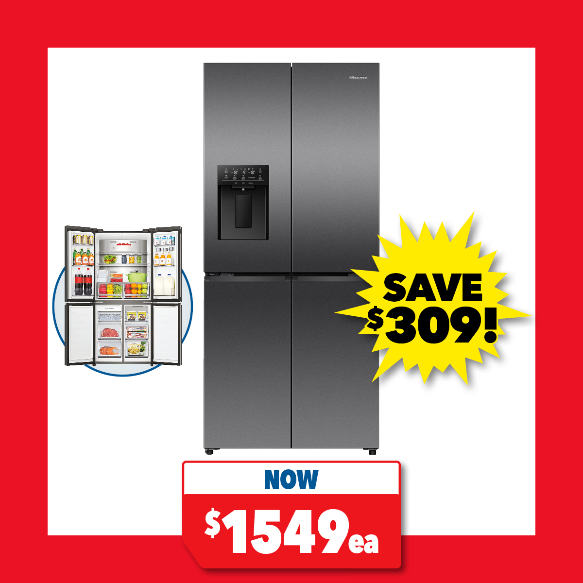 Hisense 483L Quad Door Fridge Freezer with Water Dispenser