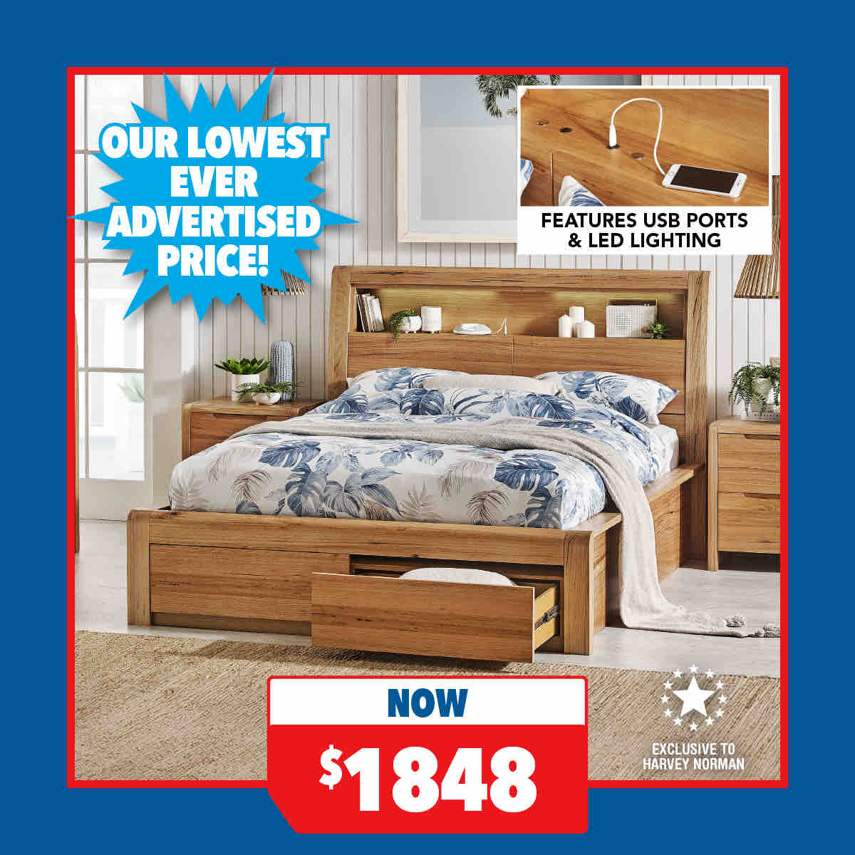 Edison Queen Bed Frame with 2-Drawer Base
