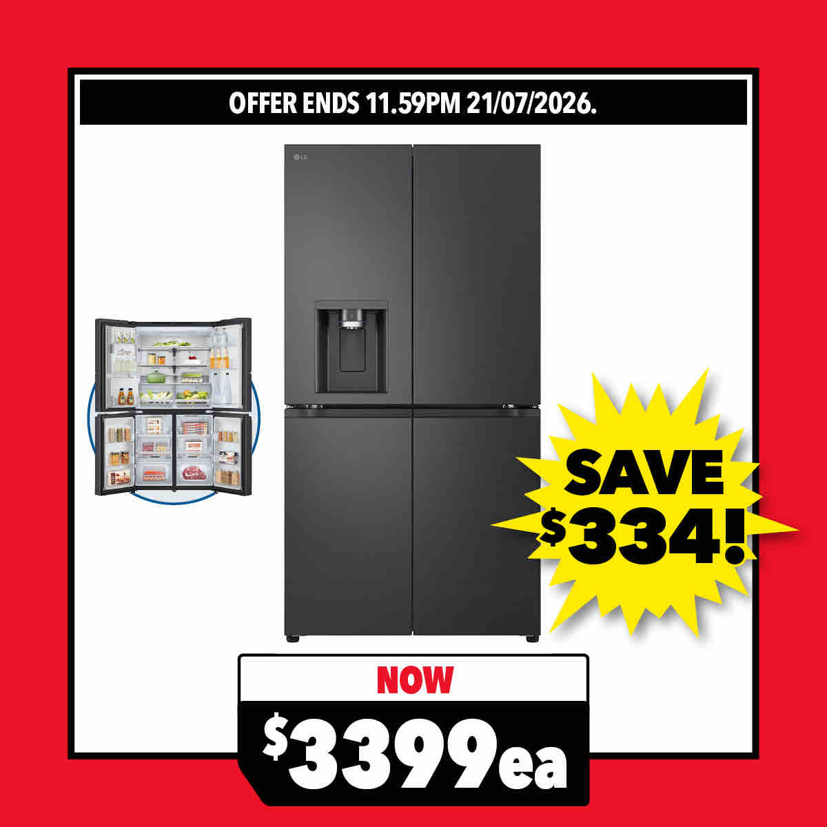 LG 637L Quad Door Smart Fridge Freezer with Ice & Water Dispenser