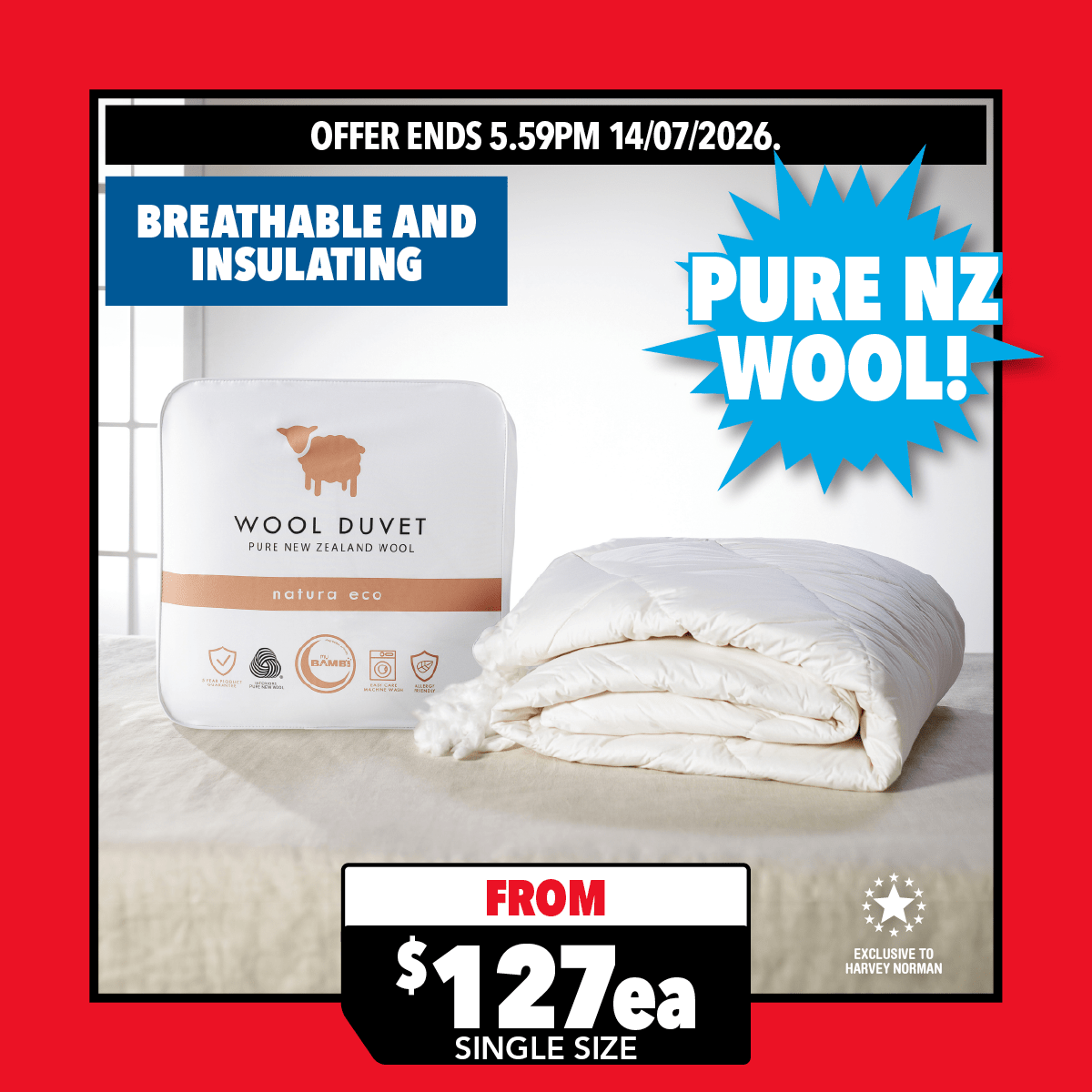 Natura Eco NZ Wool 350gsm Duvet Inner by Bambi