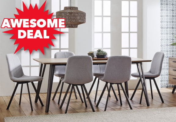 ['Gwyn' 7-Piece Rectangular Dining Setting with Grey Fabric Chairs]