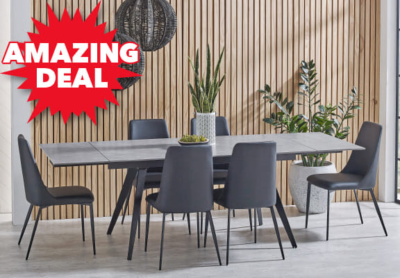 ['Kavaro' 7-Piece Rectangular Extension Dining Setting with Black PU Chairs]