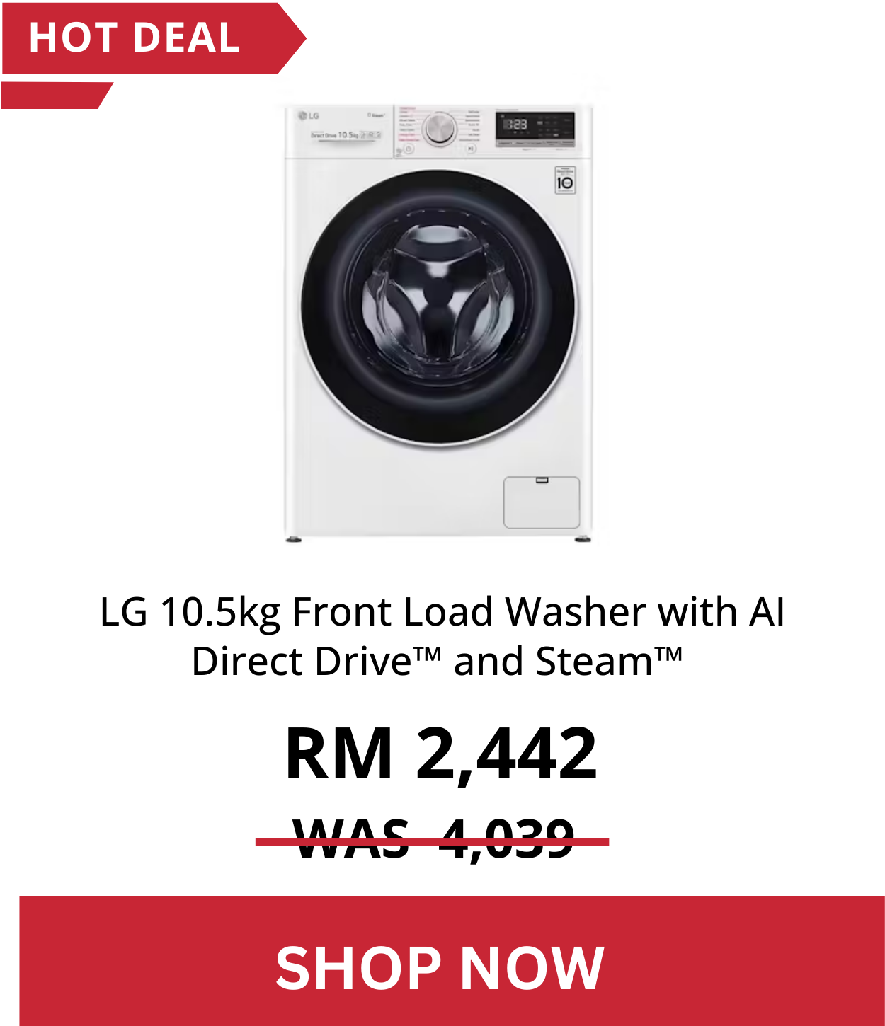 LG 10.5kg Front Load Washer with AI Direct Drive™ and Steam™ (FV-1450S4W)