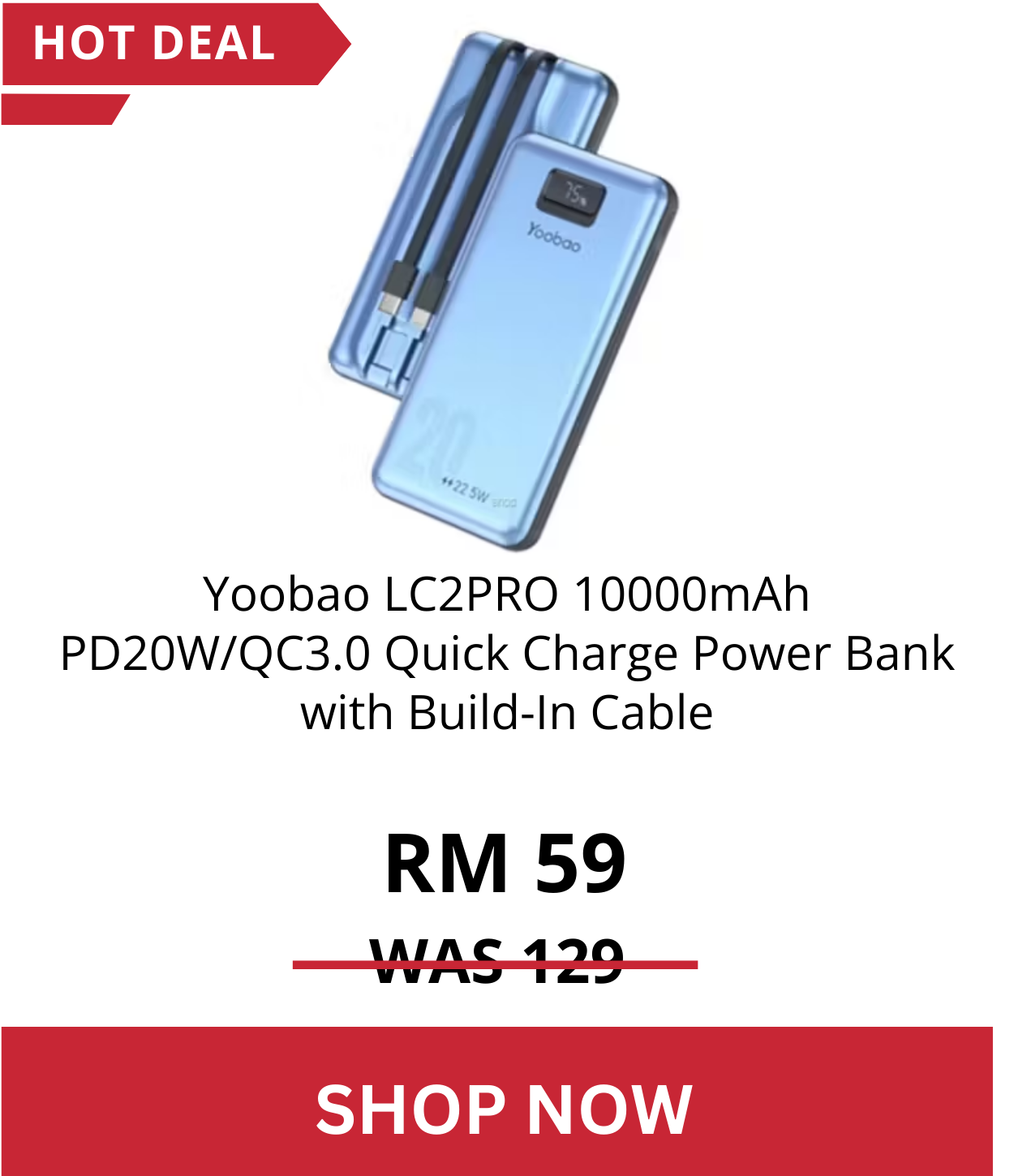 Yoobao LC2PRO 10000mAh PD20W/QC3.0 Quick Charge Power Bank with Build-In Cable