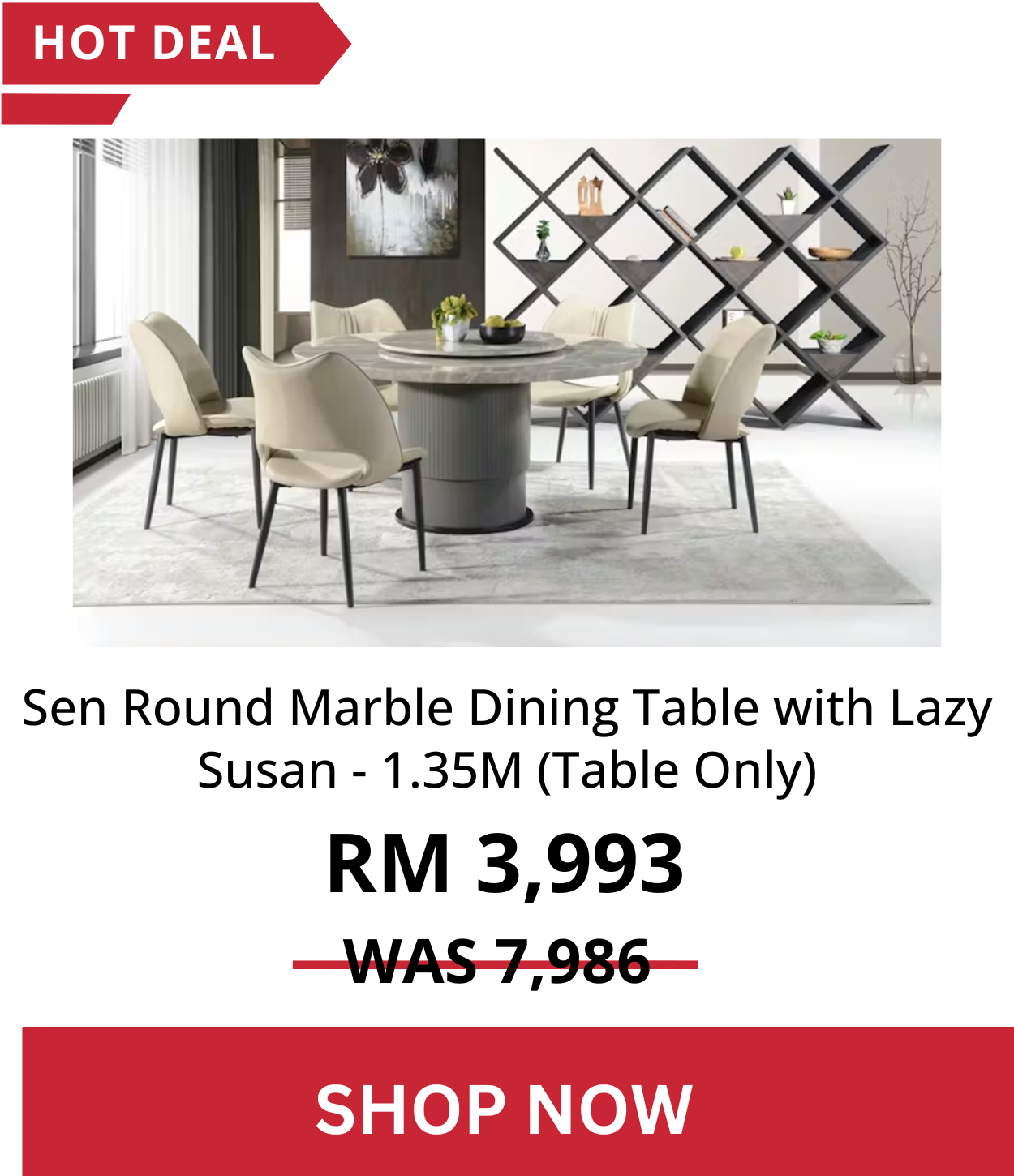 Sen Round Marble Dining Table with Lazy Susan - 1.35M (Table Only)