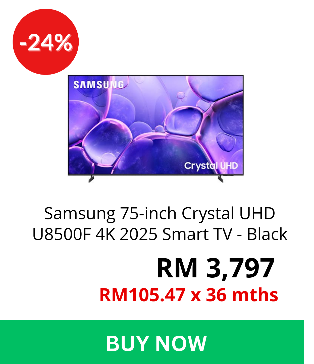 Samsung 75-inch Crystal UHD U8500F 4K 2025 Smart TV - Black