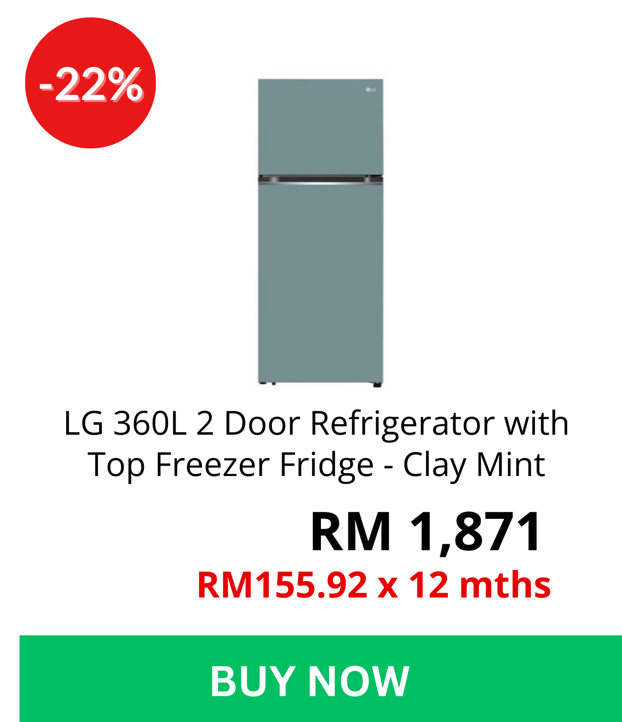 LG 360L 2 Door Refrigerator with Top Freezer Fridge - Clay Mint