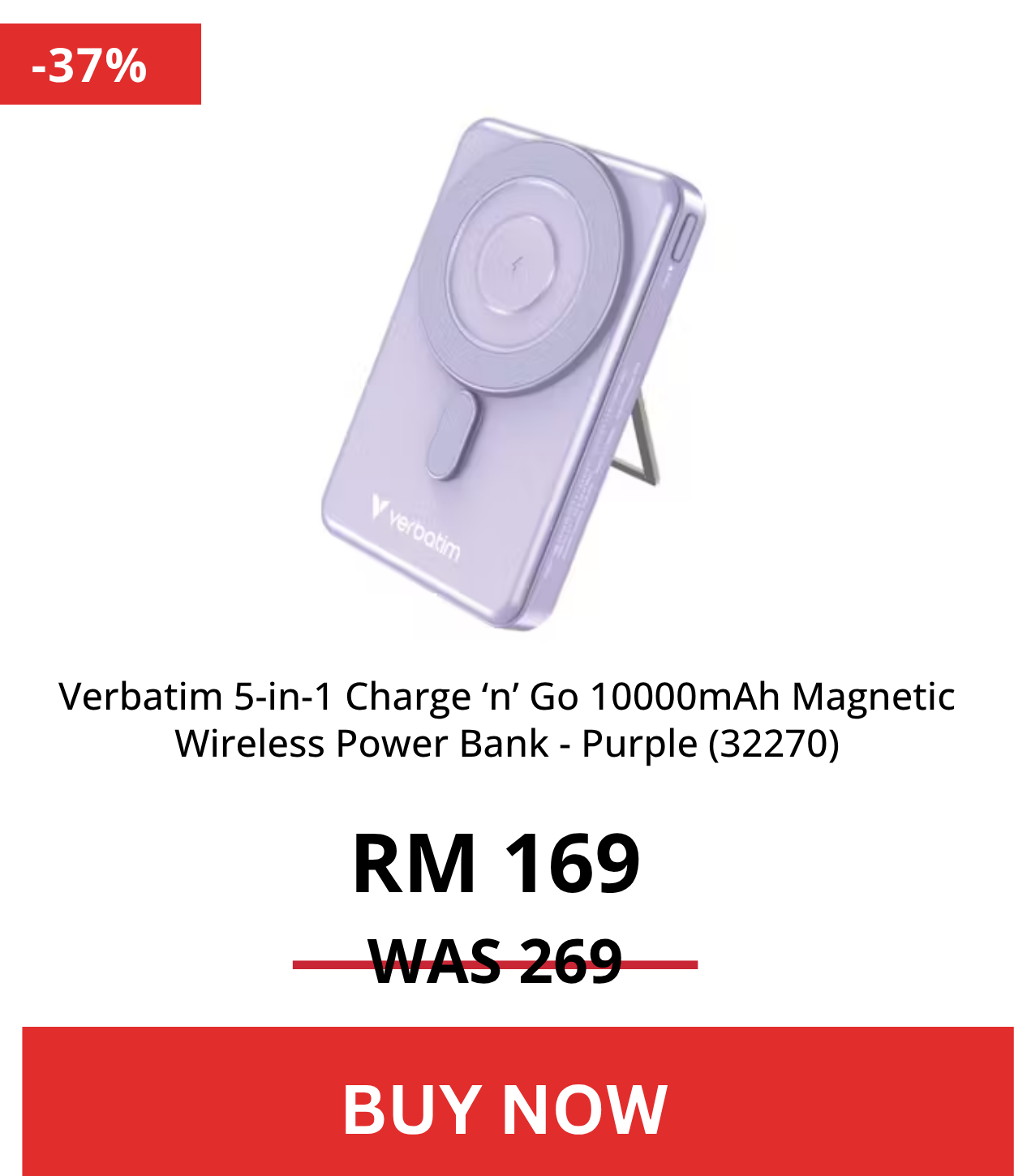 Verbatim 5-in-1 Charge ‘n’ Go 10000mAh Magnetic Wireless Power Bank - Purple (32270)
