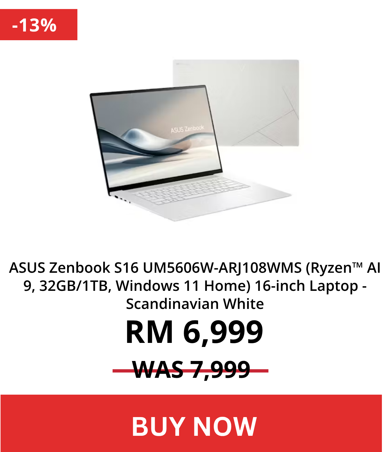 ASUS Zenbook S16 UM5606W-ARJ108WMS (Ryzen™ AI 9, 32GB/1TB, Windows 11 Home) 16-inch Laptop - Scandinavian White