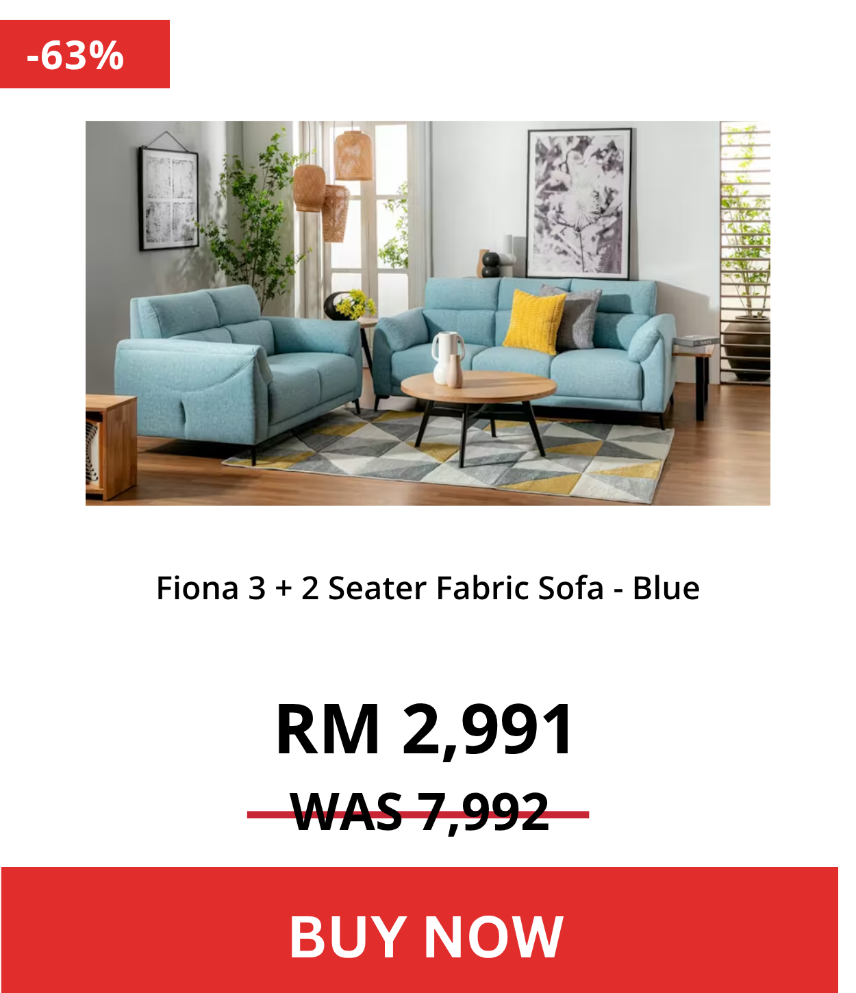 Fiona 3 + 2 Seater Fabric Sofa - Blue