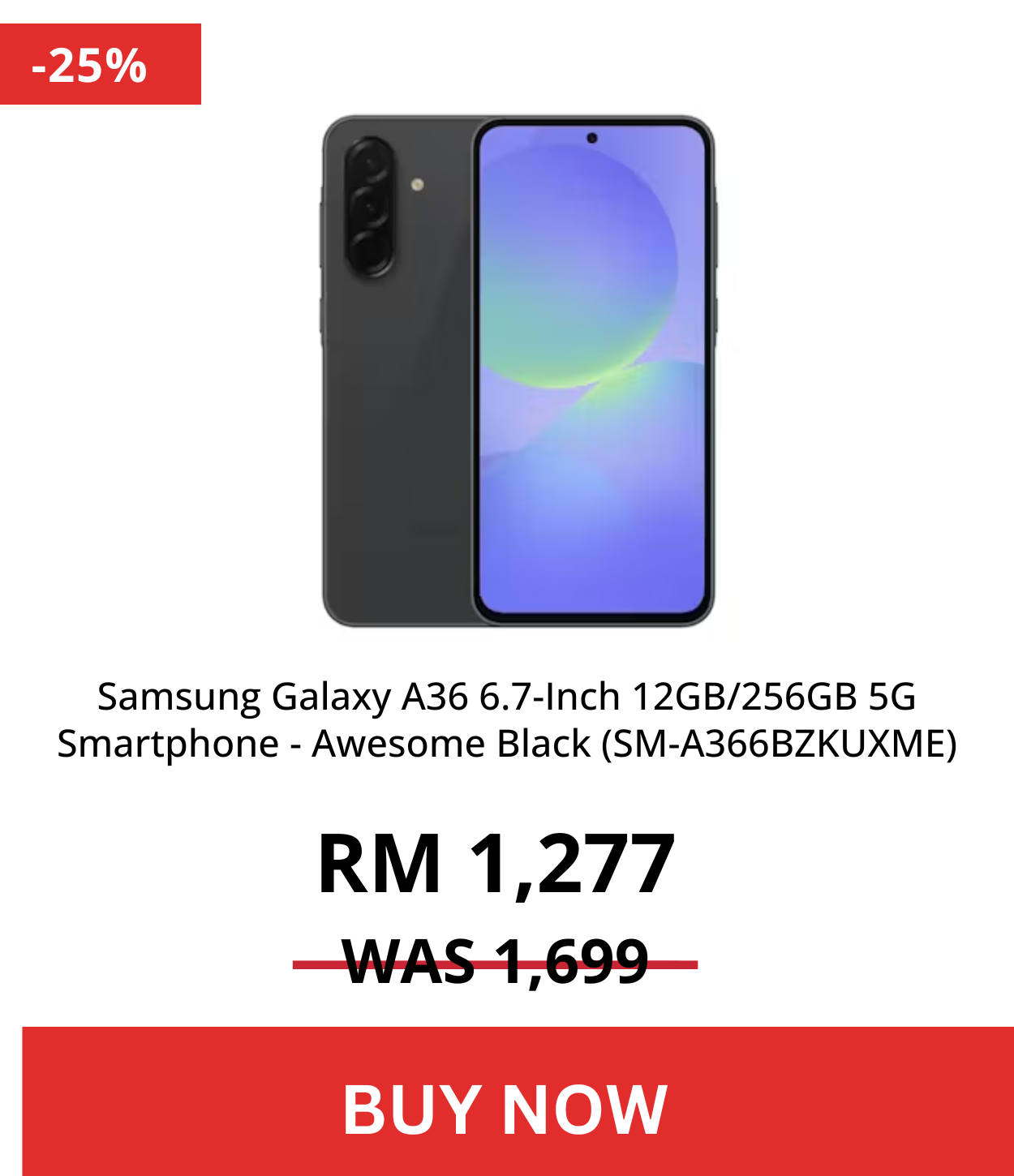 Samsung Galaxy A36 6.7-Inch 12GB/256GB 5G Smartphone - Awesome Black (SM-A366BZKUXME)