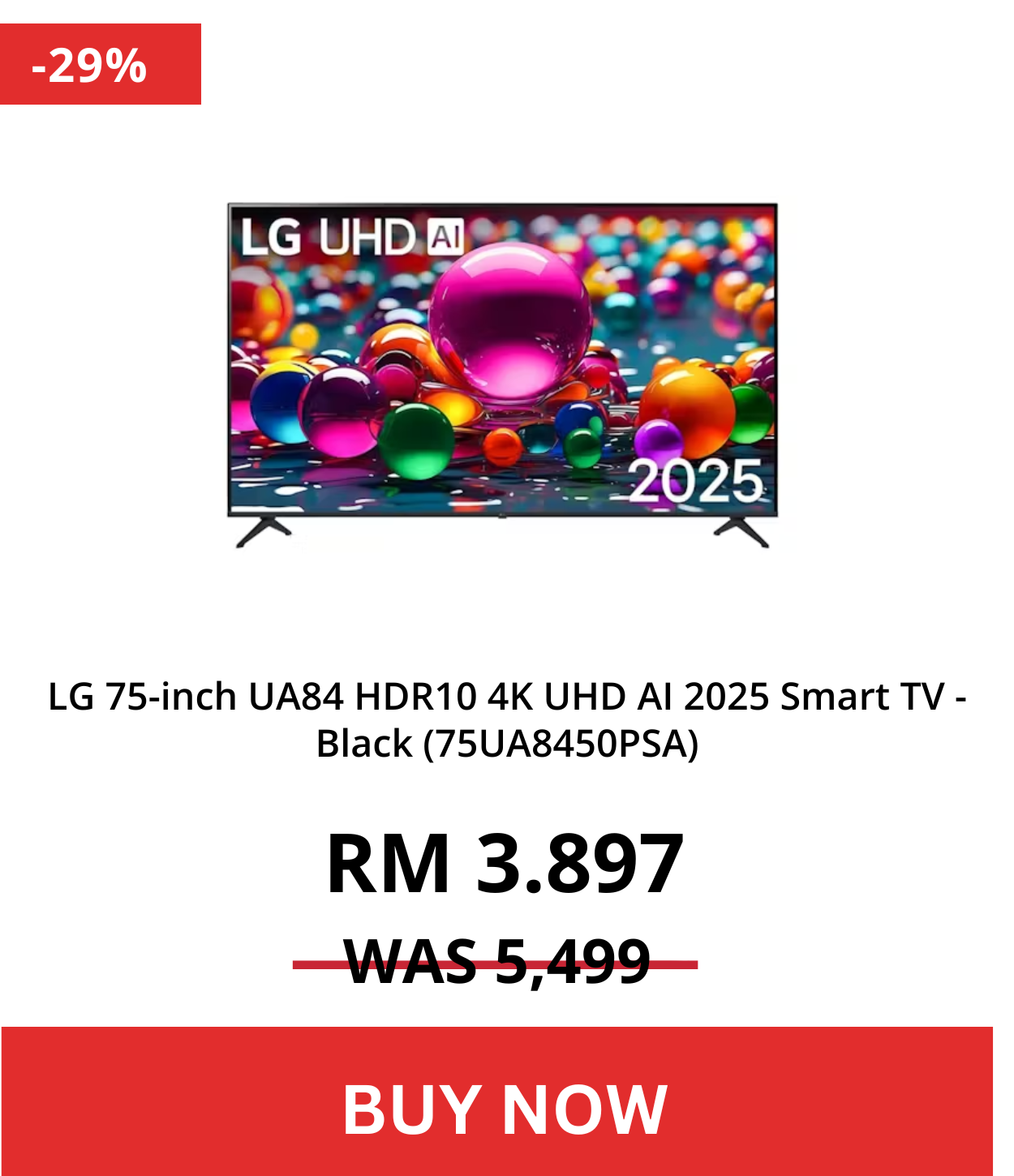 LG 75-inch UA84 HDR10 4K UHD AI 2025 Smart TV - Black (75UA8450PSA)