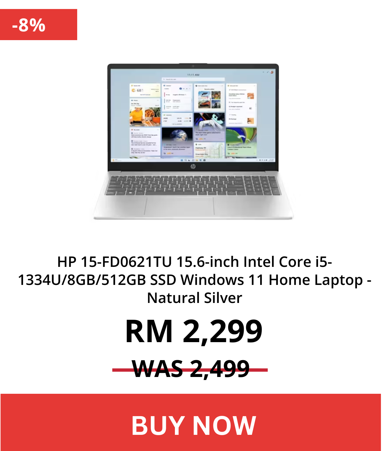 HP 15-FD0621TU 15.6-inch Intel Core i5-1334U/8GB/512GB SSD Windows 11 Home Laptop - Natural Silver