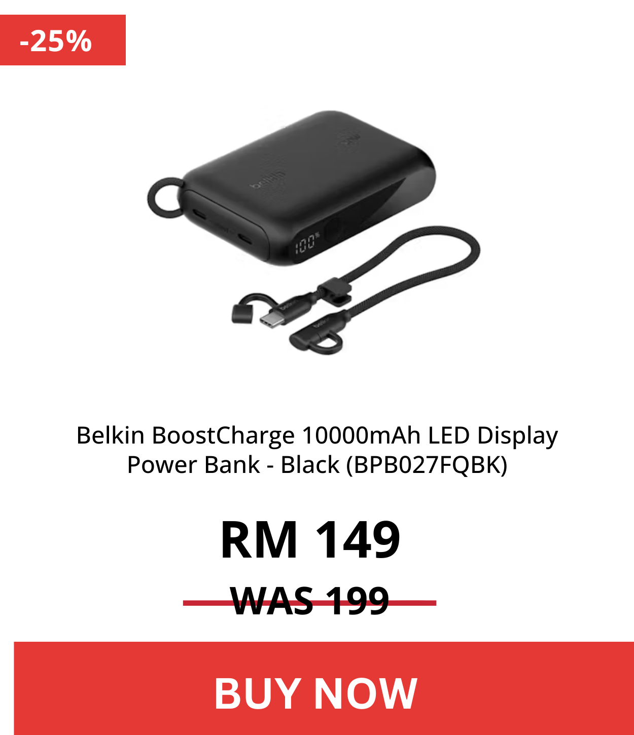 Belkin BoostCharge 10000mAh LED Display Power Bank - Black (BPB027FQBK)