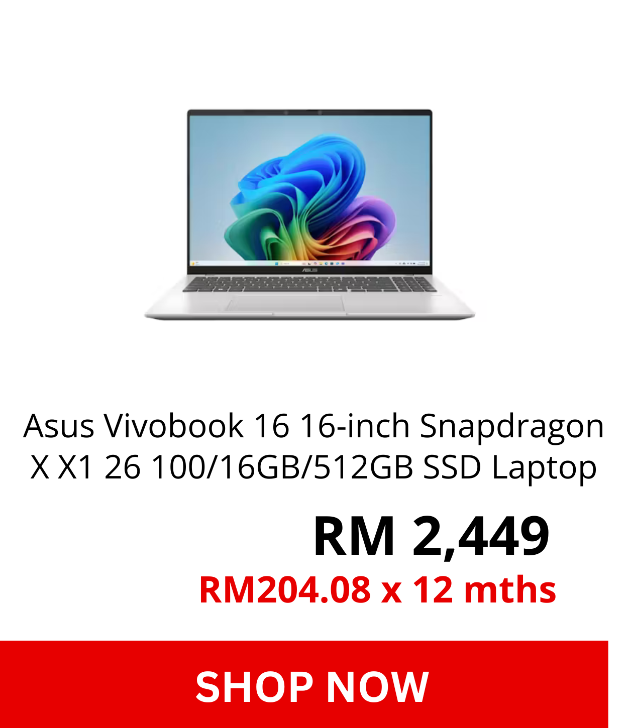 Asus Vivobook 16 16-inch Snapdragon X X1 26 100/16GB/512GB SSD Laptop - Cool Silver (A1607Q-AMB156WS)