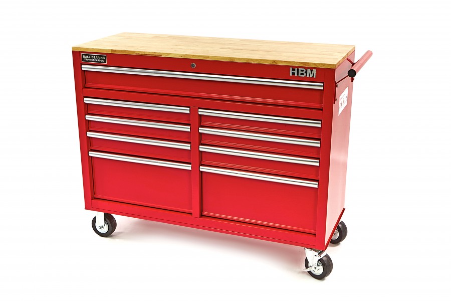 Image of HBM verrijdbare gereedschapswagen, werkbank met houten werkblad 117 cm, rood