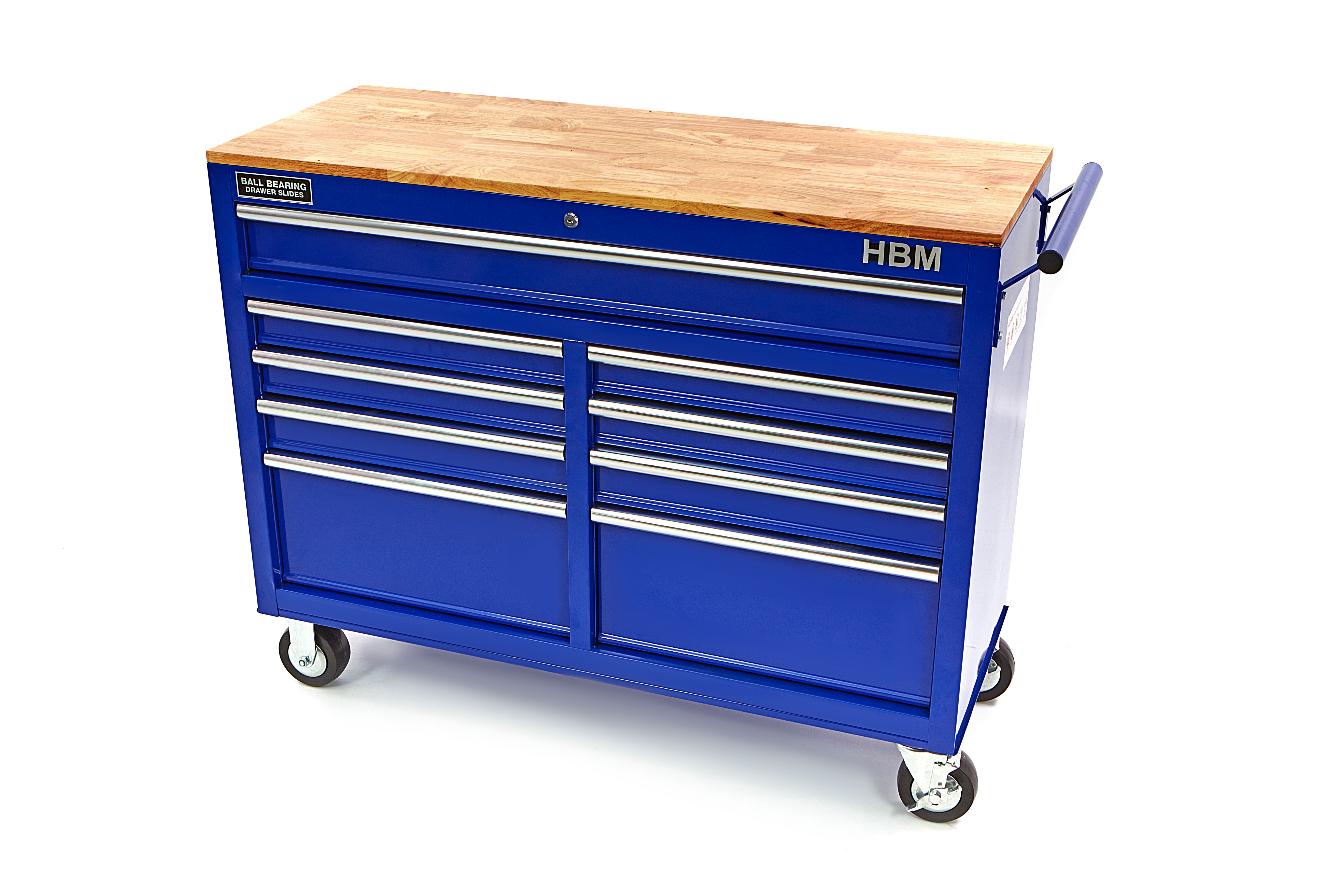 Image of HBM verrijdbare gereedschapswagen, werkbank met houten werkblad 117 cm, blauw