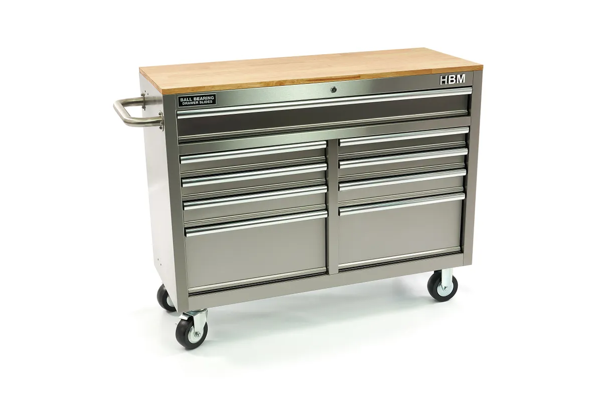 HBM Verrijdbare gereedschapswagen met houten werkblad, 117 cm, RVS