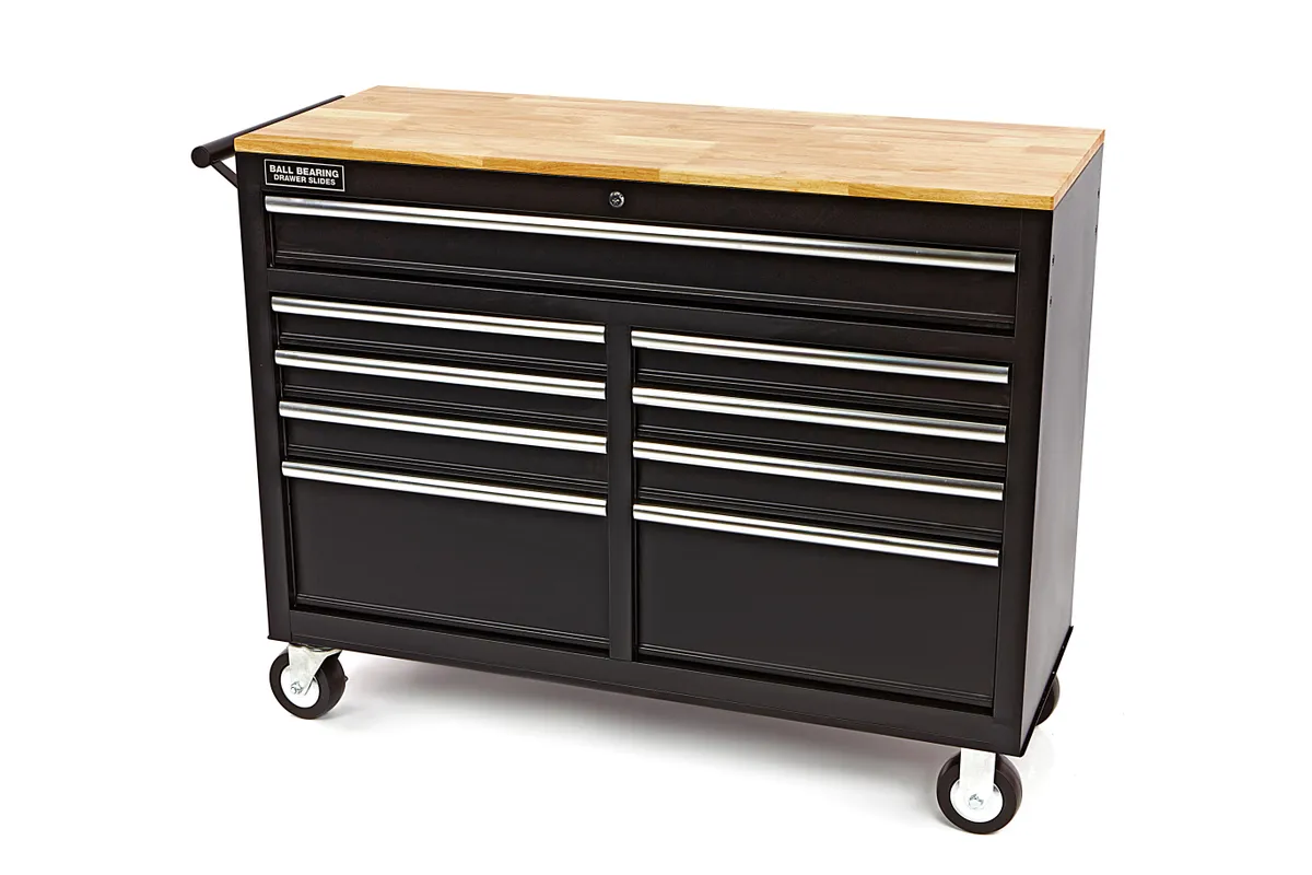 HBM verrijdbare gereedschapswagen, werkbank met houten werkblad 117 cm, zwart