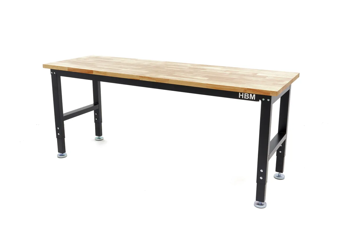 HBM 182 Cm. Professionele In Hoogte Verstelbare Werkbank Met Massief Houten Werkblad