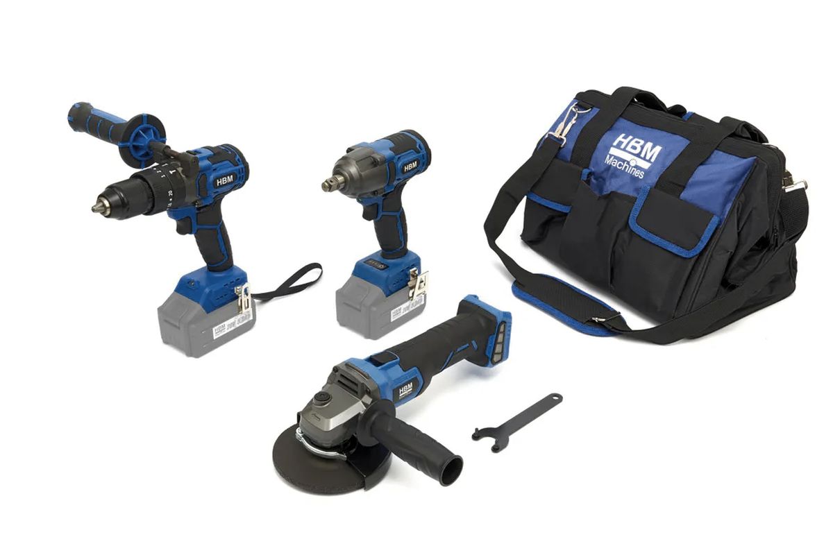 HBM accu combiset, haakse slijper, slagmoersleutel, boormachine 20 Volt