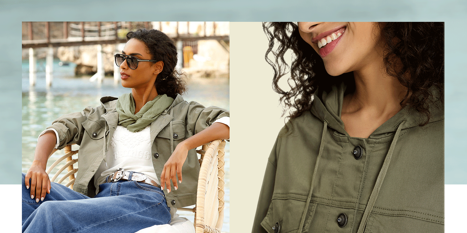 Links ein Model sitzt entspannt in einem Stuhl und trägt eine olivgrüne Jacke mit weißem Shirt und blauen Jeans, rechts Nahaufnahme einer olivgrünen Kapuzenjacke mit Knöpfen.