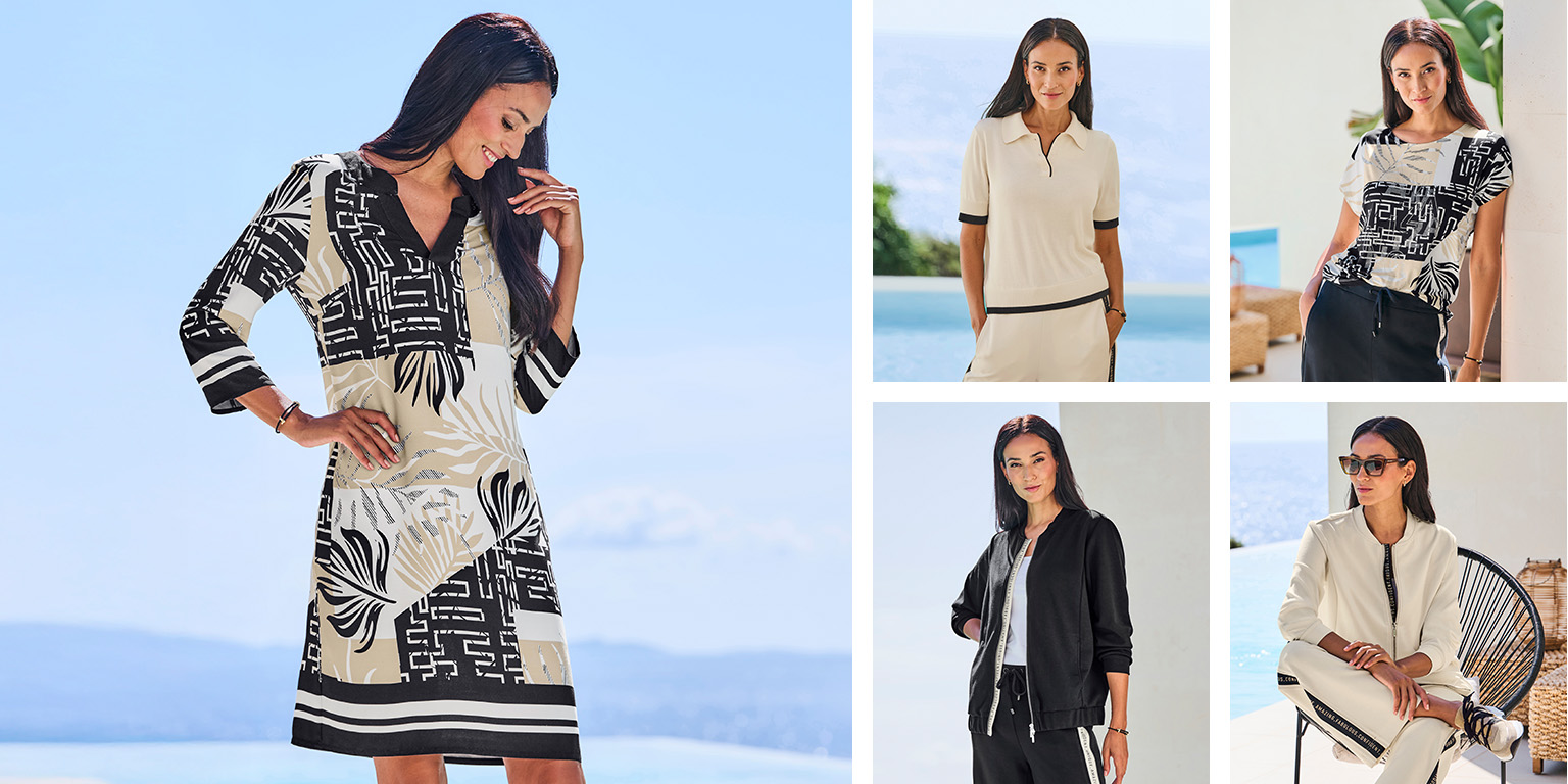 Links ein Model trägt ein gemustertes Kleid in Schwarz, Weiß und Beige, rechts vier weitere Models mit sportlichen und eleganten Outfits in Weiß, Schwarz und Beige.