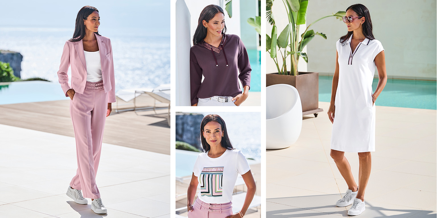 Links ein Model trägt einen rosa Hosenanzug mit weißem Top, rechts drei weitere Models mit sportlichen Outfits: lila Hoodie, weißes T-Shirt mit Muster und weißes Polokleid.