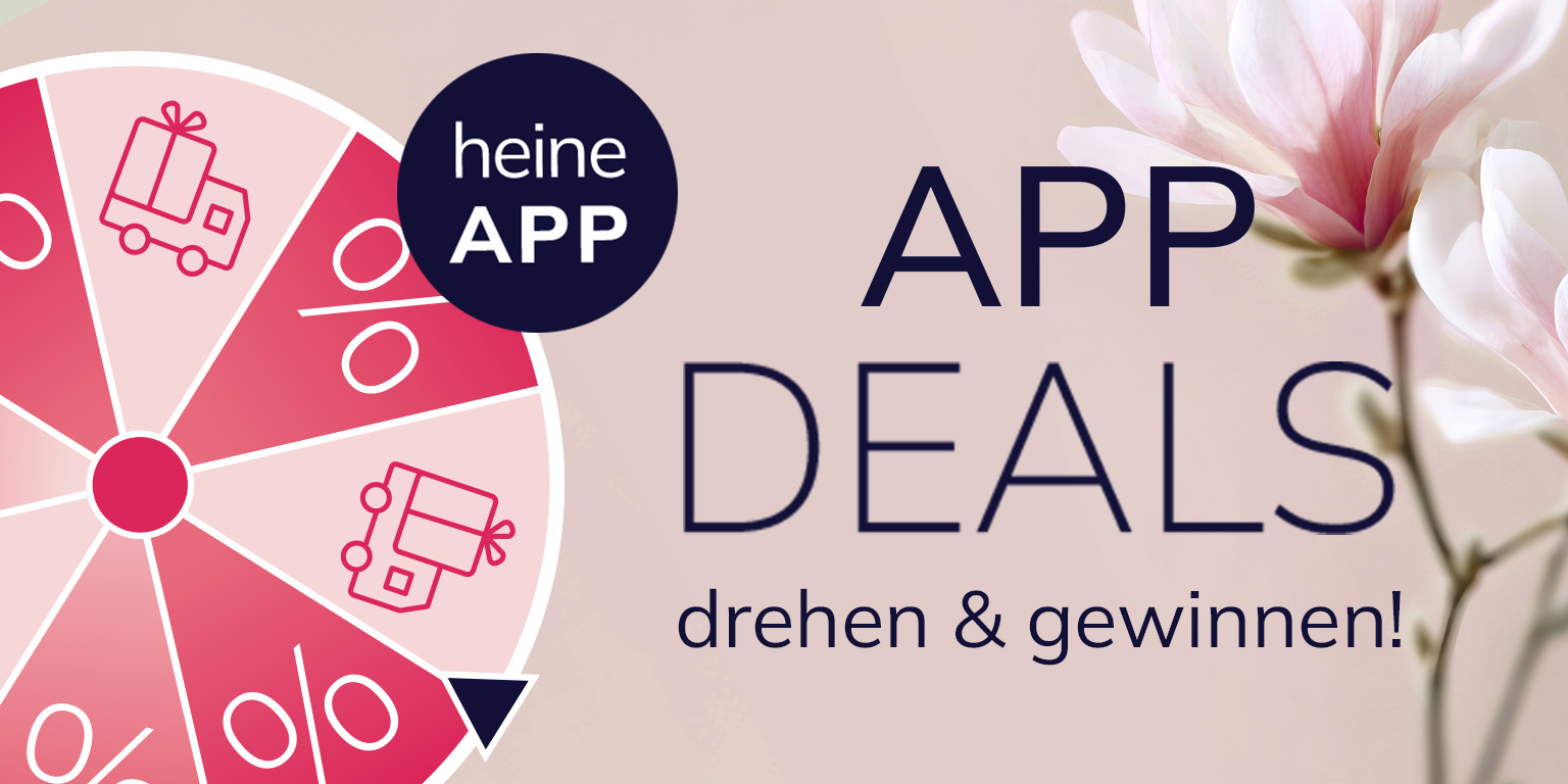 Eine Werbeanzeige mit dem Text APPDEALS drehen & gewinnen! % Der Hintergrund ist hell und zeigt eine zarte, blassrosa Blume auf der rechten Seite sowie ein Glücksrad mit Prozentzeichen und Geschenk-Symbolen.