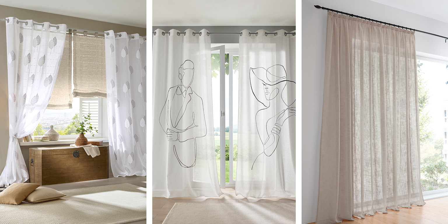 Drei verschiedene Vorhangstile: weiße Vorhänge mit Punkten, weiße Vorhänge mit Linienzeichnungen und beige halbtransparente Vorhänge vor Fenstern.