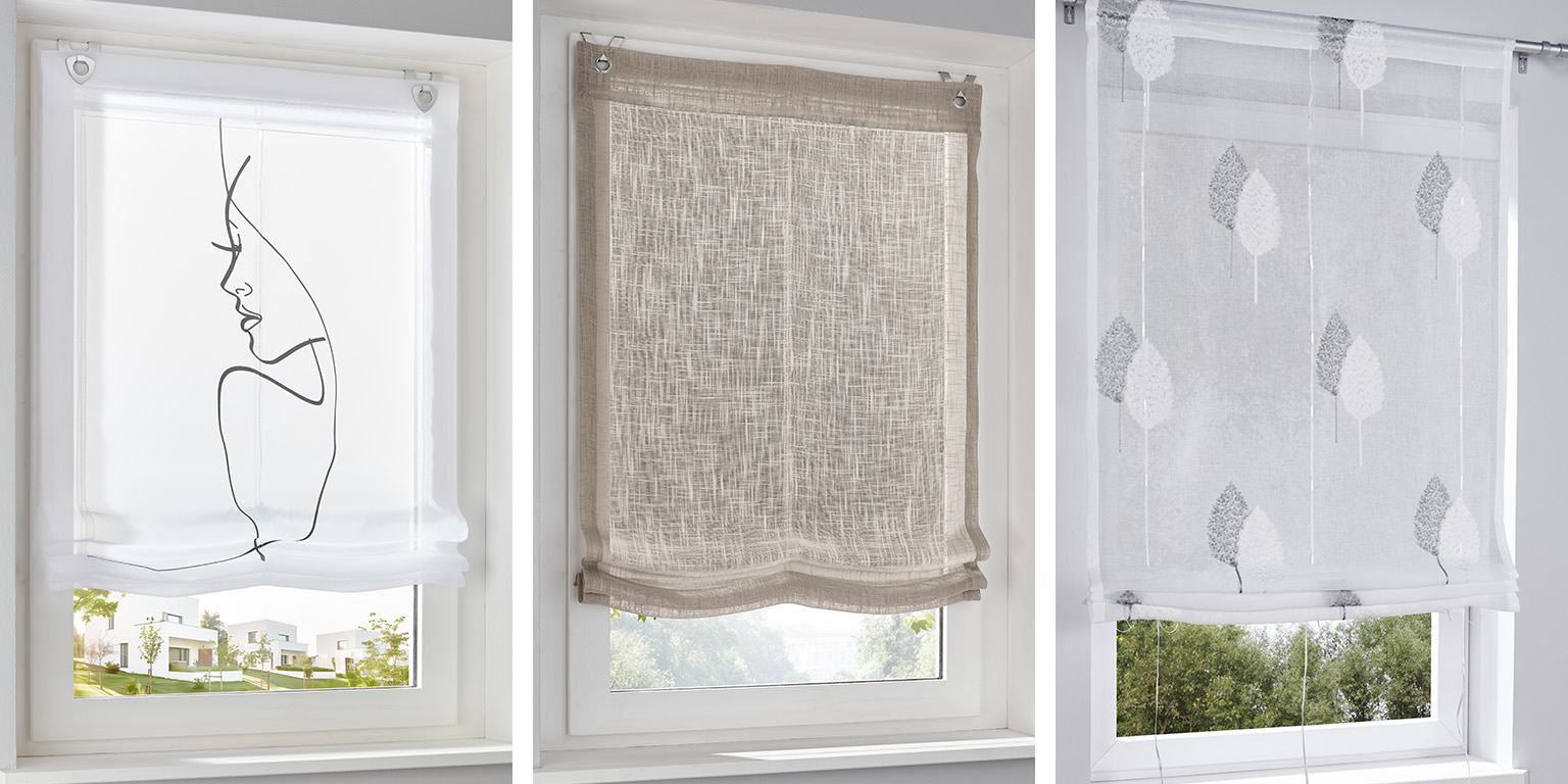 Drei verschiedene Rollo-Stile: weißes Rollo mit Linienzeichnung eines Gesichts, beiges Rollo mit Strukturmuster und weißes Rollo mit Blattmuster.