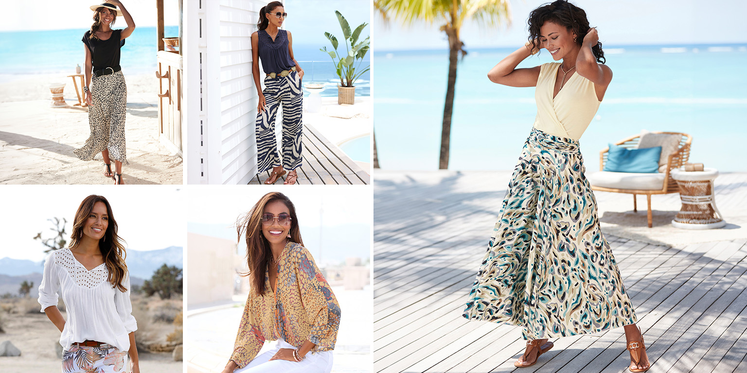 Sechs Models tragen verschiedene luftige Sommeroutfits mit Röcken, Hosen und Blusen, vor Strand- und Wüstenkulissen.